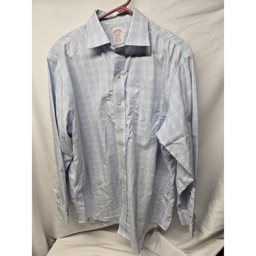 Brooks Brothers Dress Shirt Mens 16 - 34 Blue Check Madison Fit Supima Button Up